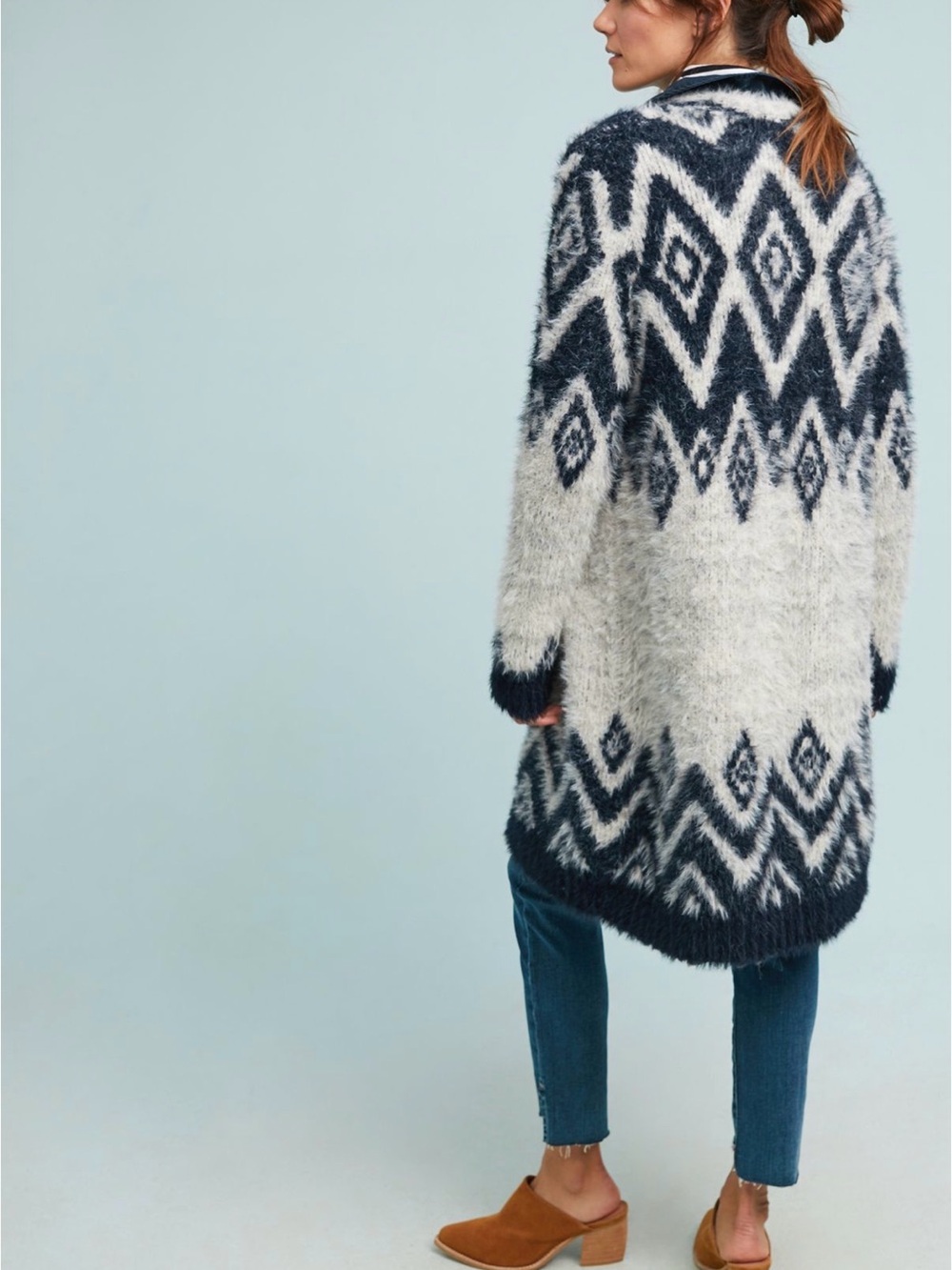 Cozy Geometric Pattern Long Cardigan Sweater - Navy & Grey